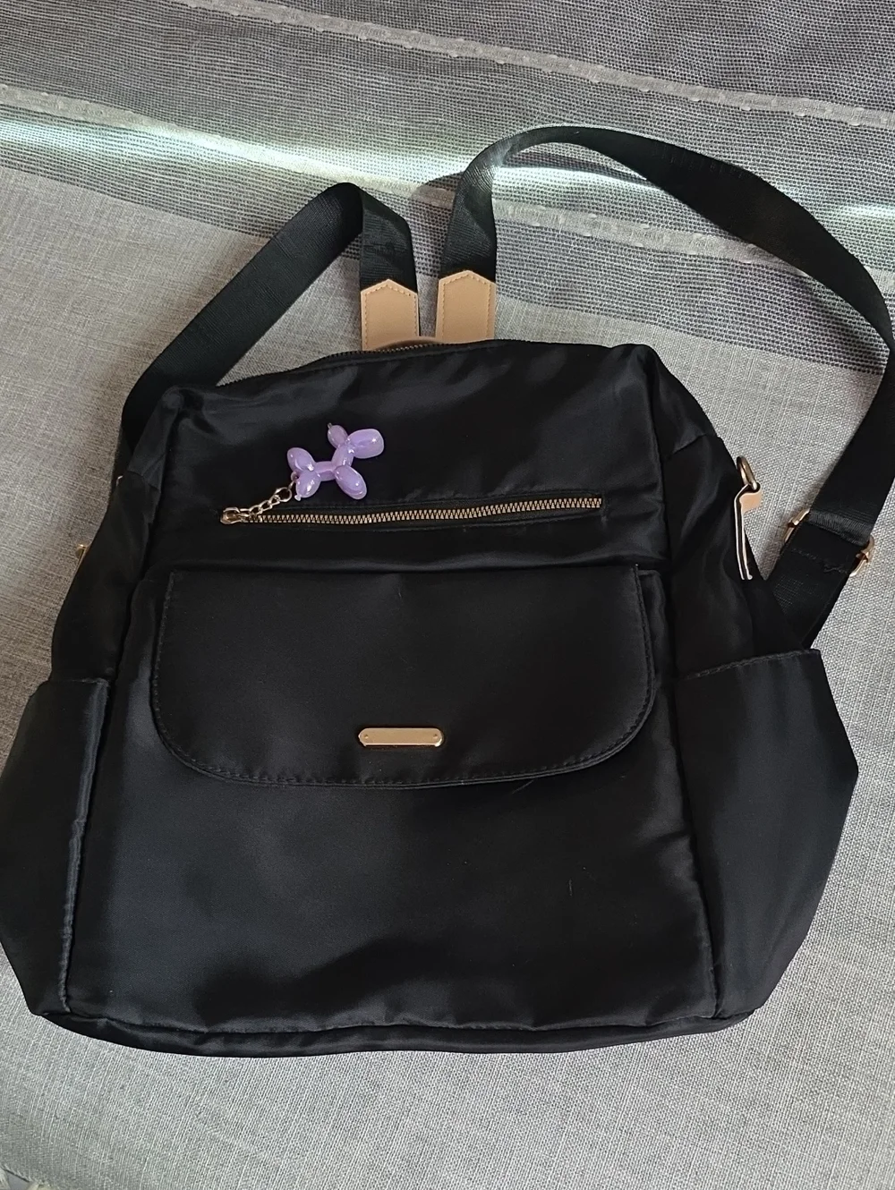 Black Women’s Nylon Backpack Handbag with Gold Accents